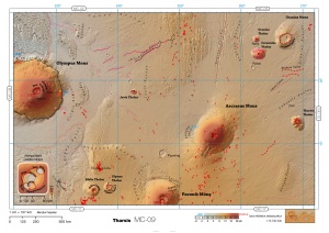 Double spread of Tharsis region of Mars (Mars Chart 09) from the Pocket Atlas of Mars 36. Credit: NASA/JPL/GSFC/ESA/DLR/FU/H. Hargitai
