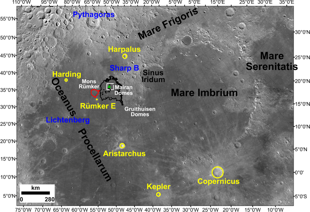 Image showing the location of the Chang’e-5 landing site (43.06°N, 51.92°W) and adjacent regions of the Moon, as well as impact craters that were examined as possible sources of exotic fragments among the recently returned lunar materials. Credit: Qian et al. 2021