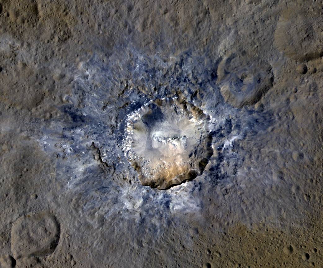 Ceres's Haulani Crater in enhanced colour. Credit: NASA/JPL-Caltech