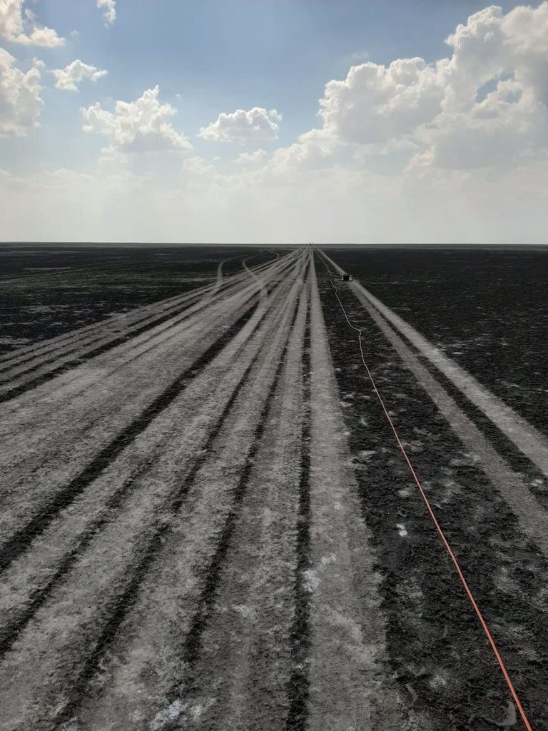 Part of a line in the pan. The deployed cable followed the truck's footprints that were guided by GPS. Credit: E Luzzi.