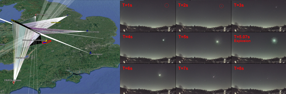 Montage from AllSky7 Reconstruction of the trajectory of the Winchcombe fireball. Credit: J Rowe. Right: Fireball Network footage of the Winchcombe fireball. Credit: B Stanley/M Kempf/AllSky7 network/J Rowe.