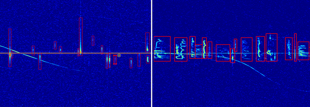 Left: Typical BRAMS spectrogram with mostly underdense meteor echoes. Right: BRAMS spectrogram obtained during a meteor shower with mostly overdense meteor echoes.