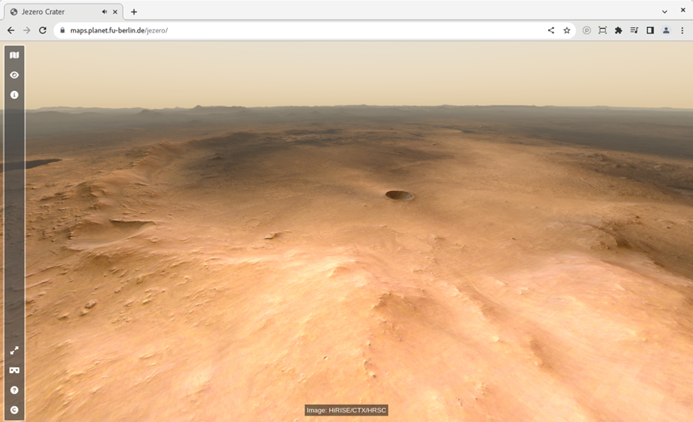 Virtual view from top of Jezero Mons into the crater. Credit: HiRISE/CTX/HRSC