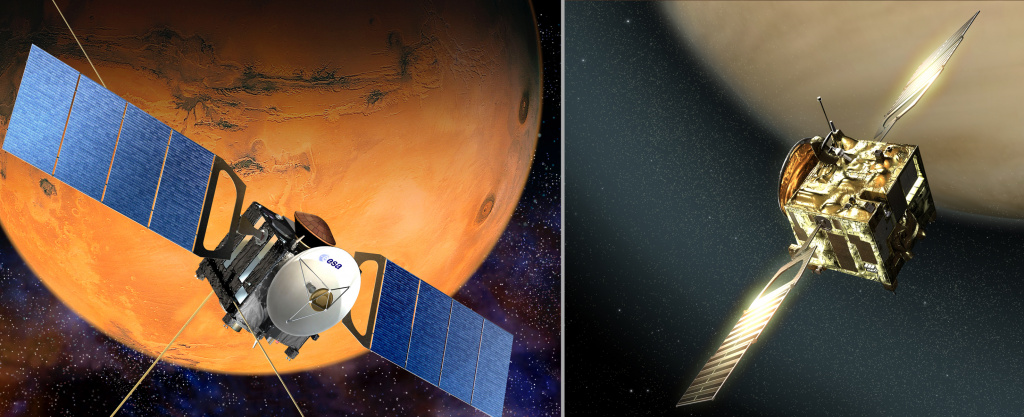 Artists' impressions of Mars Express (left) and Venus Express (right). 