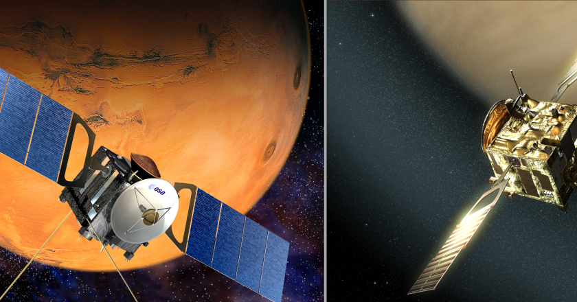 Artists' impressions of Mars Express (left) and Venus Express (right).