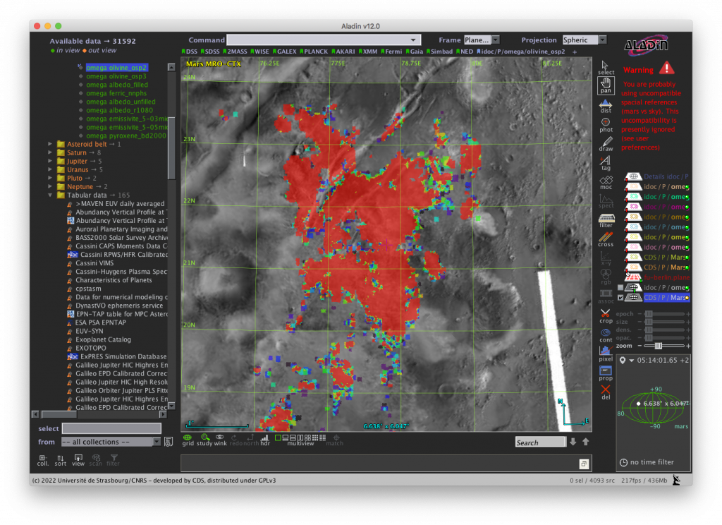 Superimposed olivine map from OMEGA / Mars-Express in N Syrtis Major area (Jezero crater is at the bottom), displayed in the Aladin service and accessed through VESPA.
