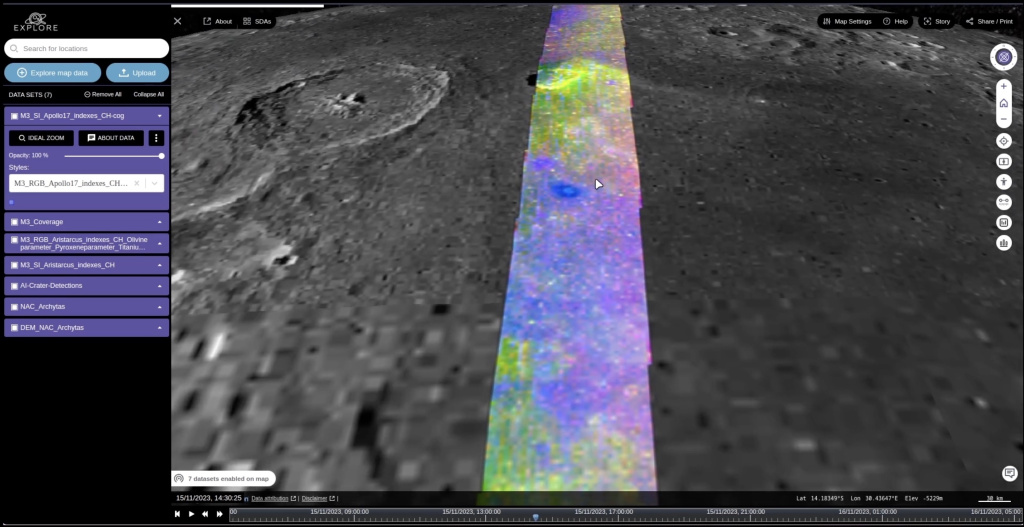 Using the EXPLORE lunar tools, basemaps of visible imagery of the lunar surface can be overlaid by observations in other wavelengths. Clicking on points can reveal the spectral profile and chemical make-up of the rocks present.