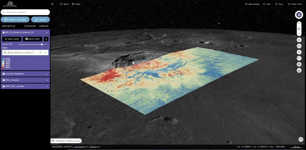 Using the EXPLORE lunar tools, basemaps of visible imagery of the lunar surface can be overlaid by spectral data that indicate the mineralogy rocks present.