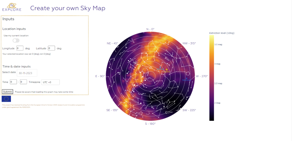 Screenshot of interface to create your own sky map showing the concentration of dust in the Milky Way overhead at your chosen location and time of day or night. 