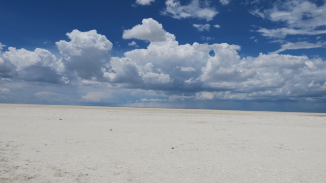 TA1.5: Makgadikgadi Salt Pans, Botswana. The flat surface of the Sua pan covered by a crust of evaporitic minerals (e.g., halite, gypsum).