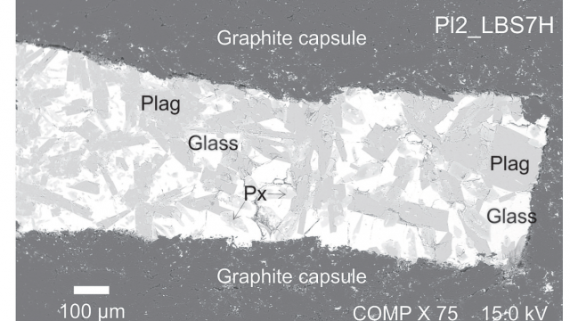 TA2.2 Electron microscope image of a high-pressure experiment simulating crystallisation in the lunar magma ocean produced using the VU High pressure laboratory. Px = pyroxene, Plag = plagioclase, Glass = quenched magma [Lin et al. 2019, Geochemical Perspectives Letters].