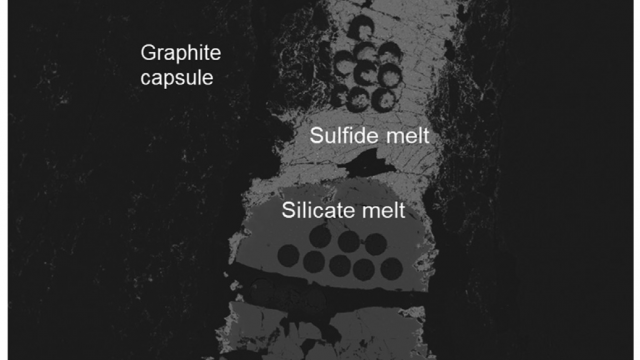 TA2.2 Electron microscope image showing experiment performed to assess sulphide melt segregation from silicate magma in eucrites and angrites. Round holes in sulphide and melt indicate laser ablation spots made to determine precise chemical compositions of the phases, produced using VU High pressure laboratory [Steenstra et al. 2020, Geochimica et Cosmochimica Acta]