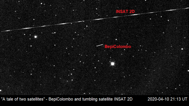Credit: Northolt Branch Observatories. A tale of two spacecraft": As we were observing BepiColombo, we caught a second man-made object passing by. We identify it as an old geostationary satellite.