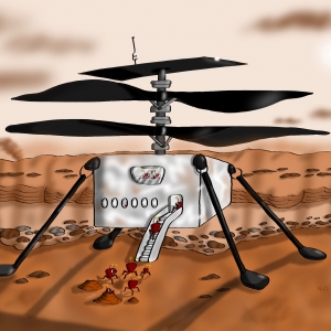 Boarding Jez Air - 0. Credit: Nicolas Oudart. This artwork is inspired first by the Ingenuity helicopter flights. The atmosphere of Mars being very thin, flying at 10 m above the surface is a milestone achievement, and I wanted to underline this with tiny-size passengers. It is also inspired by the Perseverance, Rosalind Franklin and Zhurong rovers, which all have the new capability of sounding the Martian subsurface. Rosalind Franklin will even have the ability of drilling down to 2 m in the subsurface in search of biomarkers. This new target of Martian robotic exploration missions inspired me, and I created tiny Martian creatures coming from this subsurface. The shape of these creatures are inspired by crabs, as the Jezero crater is now confirmed to be an ancient lake, and Martian &amp;quot;tripods&amp;quot; from H.G. Wells &amp;quot;The War of the Worlds&amp;quot;. 