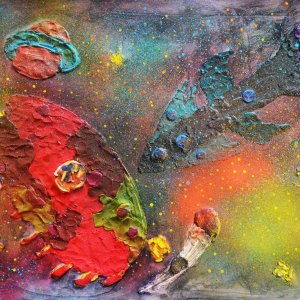 Тhe interesting space. Credit: Viktor Ivanov. My picture shows how a huge space rocket is in space and around it there are all sorts of planets, stars, comets and a new orbit. To make my drawing, I used a technique of overlaying plasticine and complementing the spaces between the figures with iridescent colors of tempera paints. I used colorless varnish to seal the surface and for an additional visual effect.