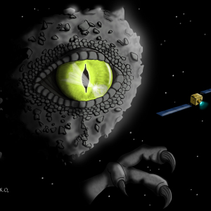 Dimorphos eyes DART. Artist: Nicolas Oudart. Dimorphos eyes DART. Artist: Nicolas Oudart. This drawing is a tribute to the Dart mission. It represents the Dimorphos asteroid, with a dinosaur eye and hand, watching the DART spacecraft approaching. This dinosaur eye, with dinosaur scales contours resembling the asteroid&#039;s texture, is a reminder of the planetary defense objective of the DART mission. &quot;Dimorphos&quot; means &quot;having two forms&quot; and my drawing represents at the same time an asteroid and a dinosaur-like creature. The reflection in the eye forms the mission&#039;s logo: ejectas from the impact with the asteroid, and a countouring circle. This strange dinosaur seems to be about to catch the spacecraft as its prey, symbolizing the &quot;;interception&quot;. Finally, the title is a pun on &quot;eyes darts&quot;, the asteroid litterally &quot;eyeing DART&quot;. This drawing is directly inspired by the last images of the Dimorphos asteroid returned by the Dart mission prior to the impact, and the name of the asteroid. The texture of the asteroid really looked like reptile&#039;s scales to me, and &amp;quot;dimorphos&amp;quot; meaning &amp;quot;having two forms&amp;quot;, it gave me the idea of this character having the form of an asteroid and of a kind of dinosaur at the same time. The idea of a meteoritic impact reflecting in a dinosaur&#039;s eye probably comes from the theatrical release poster of the movie &amp;quot;Dinosaur&amp;quot;, a classic from my childhood. Also, I used a crocodile&#039;s eye as a model to draw the dinosaur&#039;s.